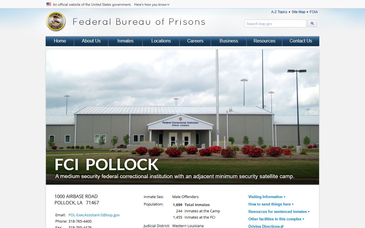 FCI Pollock federal inmate population BOP facility page for Grant Parish