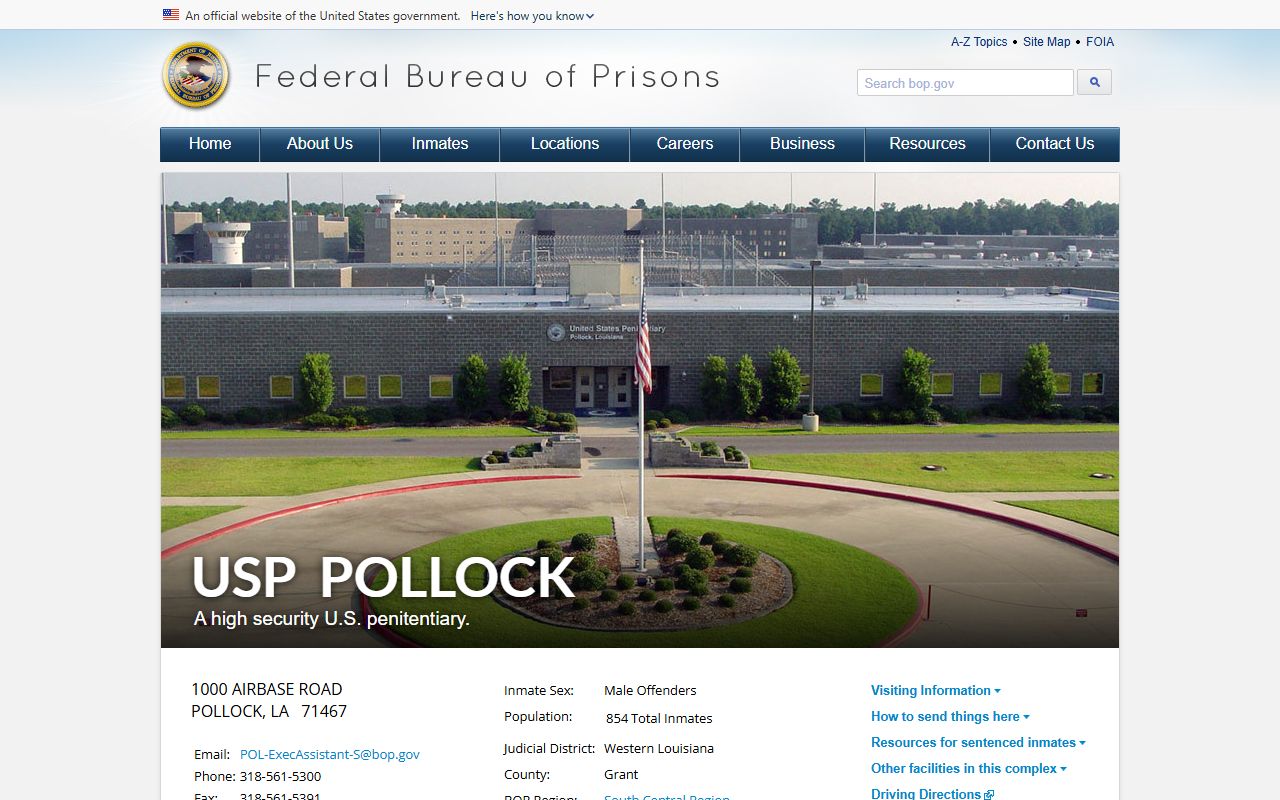 USP Pollock federal inmate custody search BOP facility page in Grant Parish