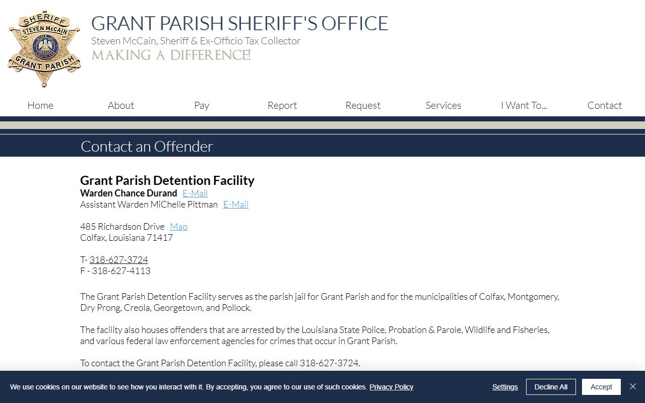 Grant Parish Detention Facility inmate lookup contact page