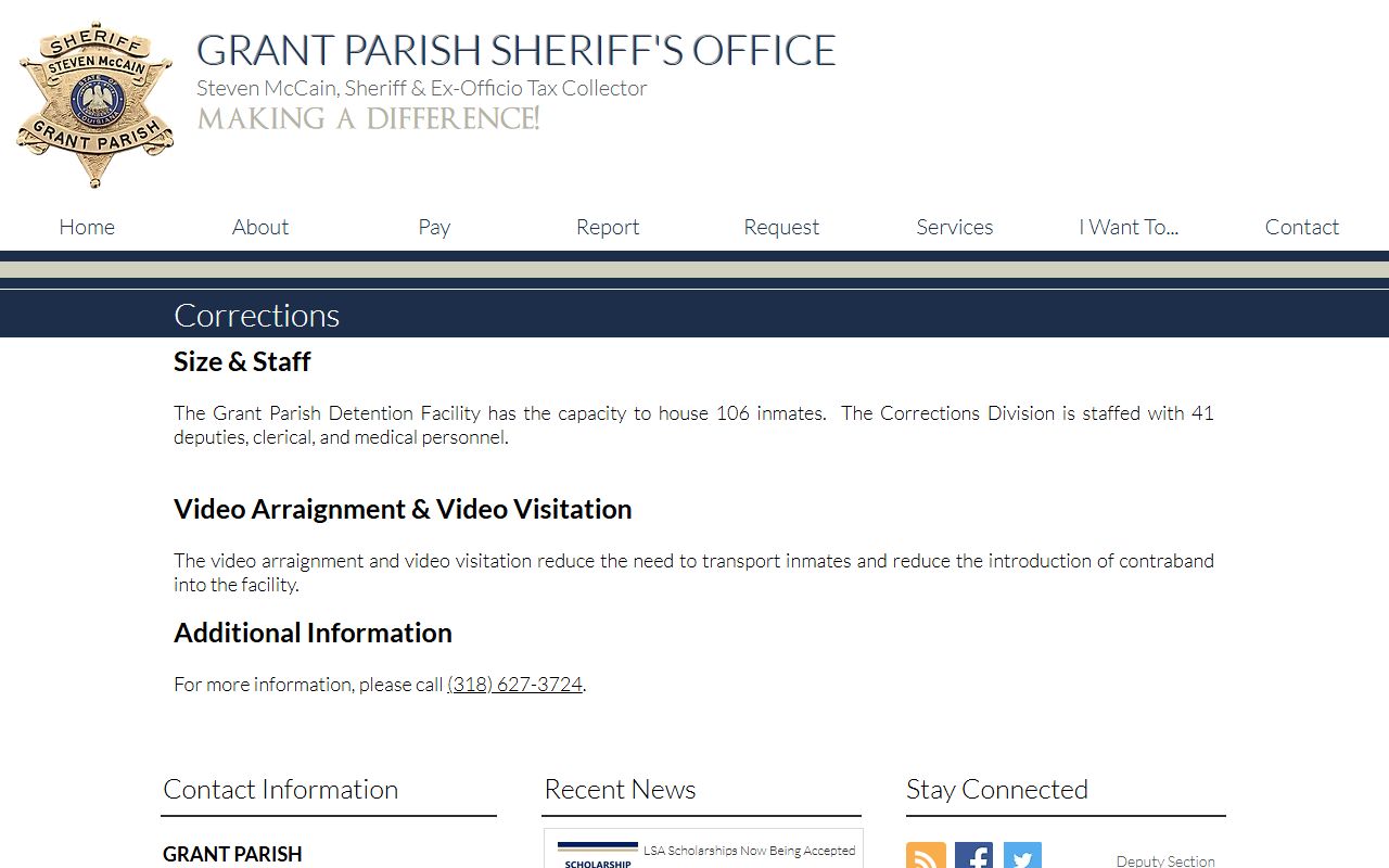 Grant Parish County inmate population corrections page showing jail capacity