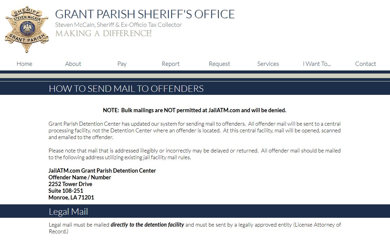 Grant Parish Detention Facility inmate mail instructions