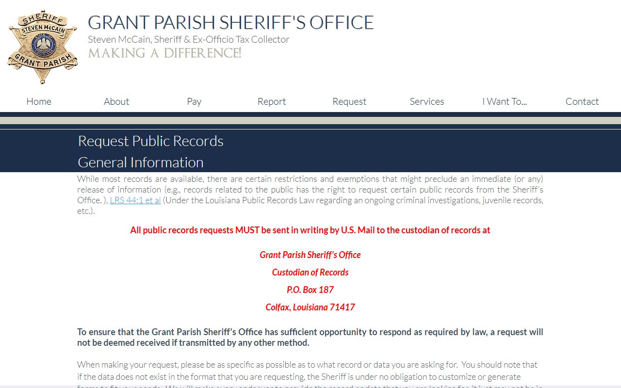 Grant Parish County jail mugshots public records request instructions