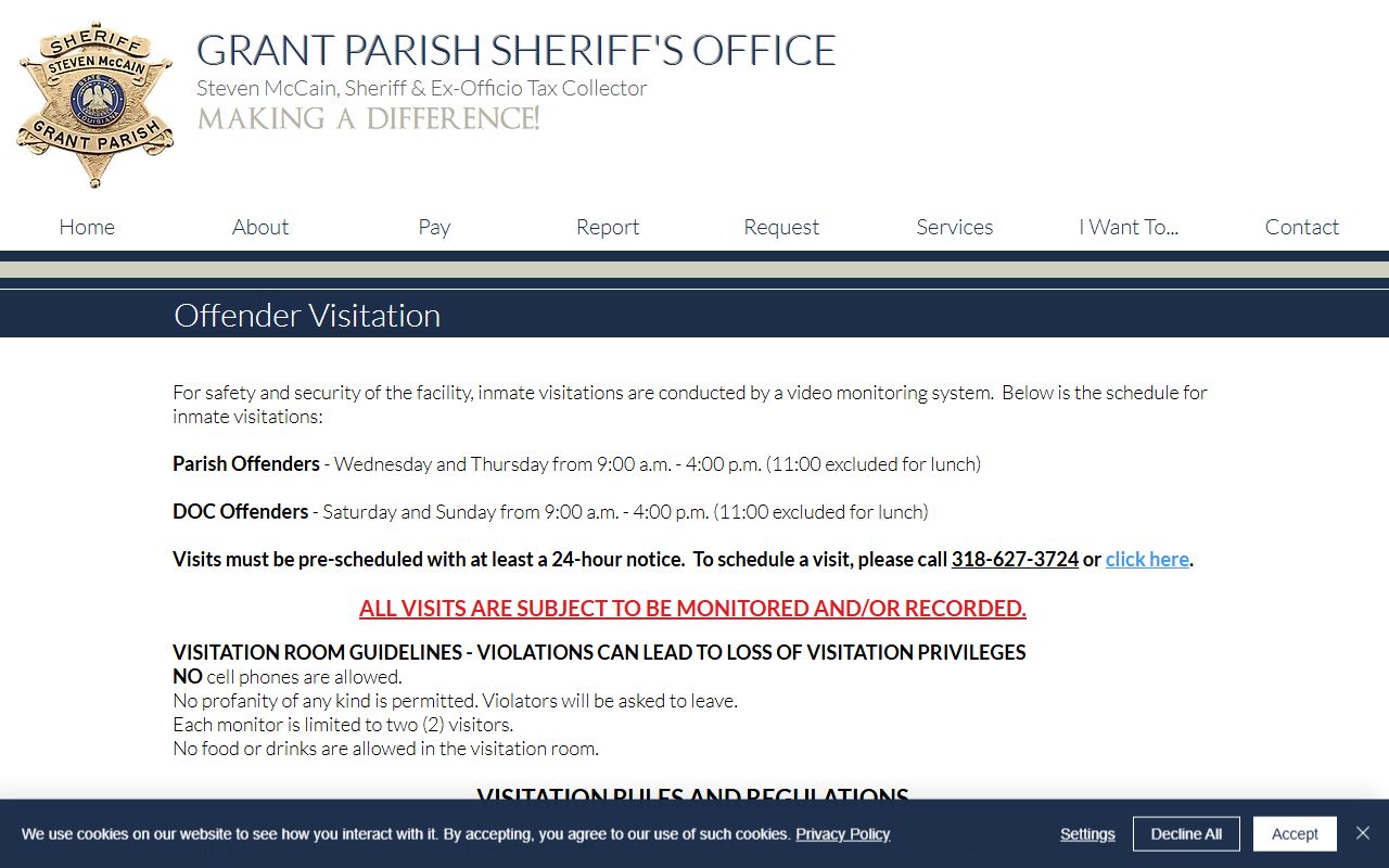 Grant Parish Detention Facility visitation schedule for inmates